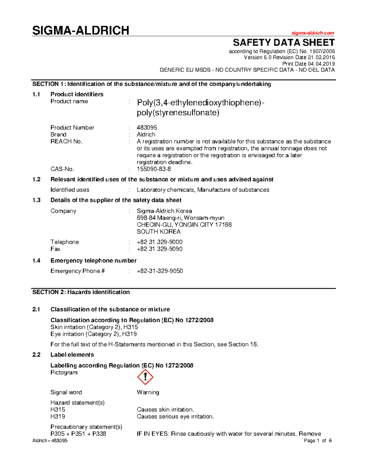 Msds-pedot Pss - SIGMA-ALDRICH Sigma-aldrich SAFETY DATA SHEET ...