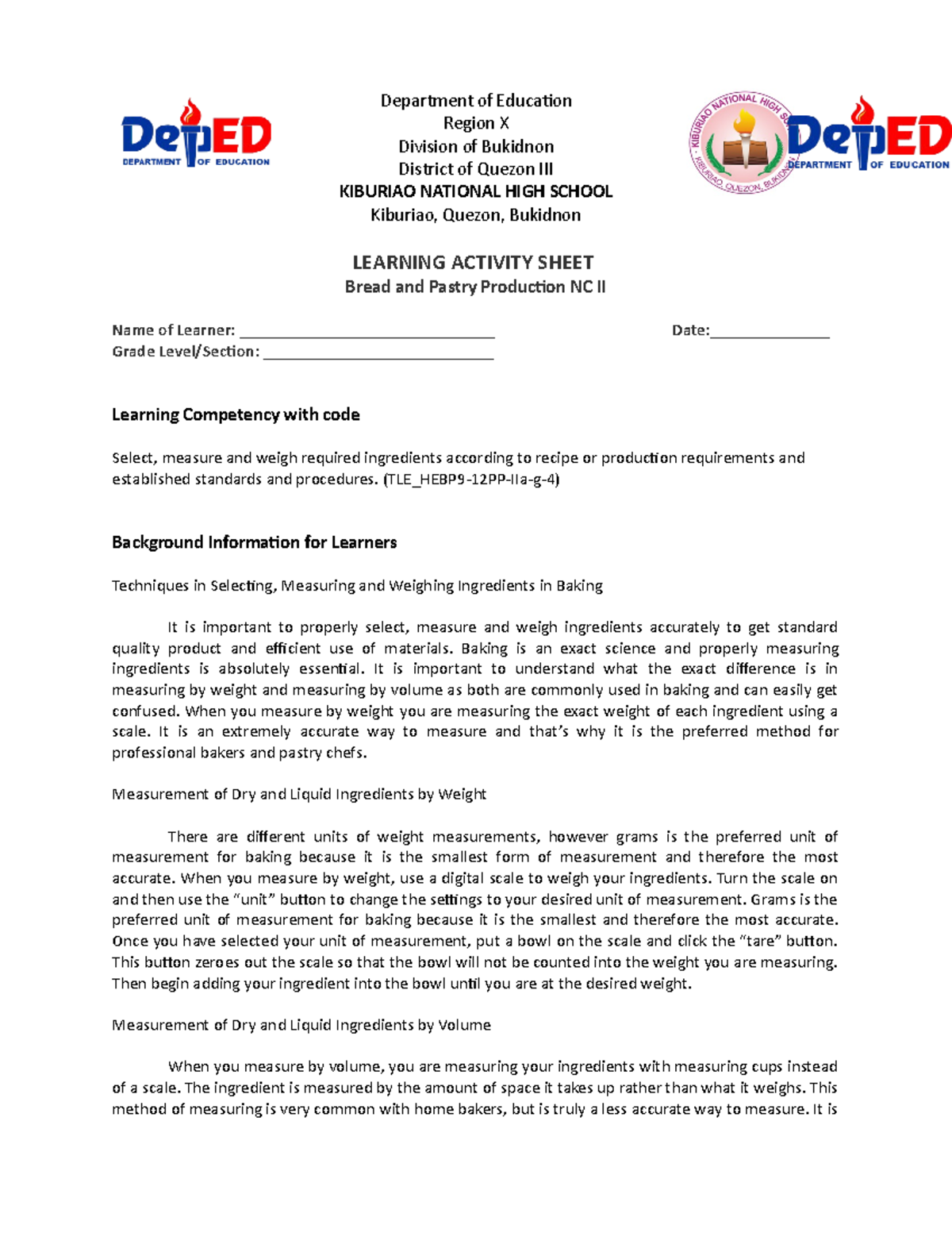 BPP Learning Activity Sheet - Department of Education Region X Division ...