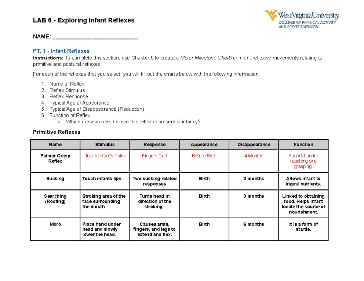 PET 175 LAB 6 - Exploring Infant Reflexes - NAME ...