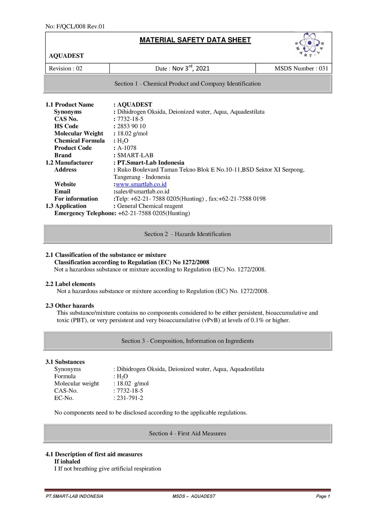 Msds Aquadest Bnnj Material Safety Data Sheet Aquadest Revision 02 Date Nov 3rd 2021 