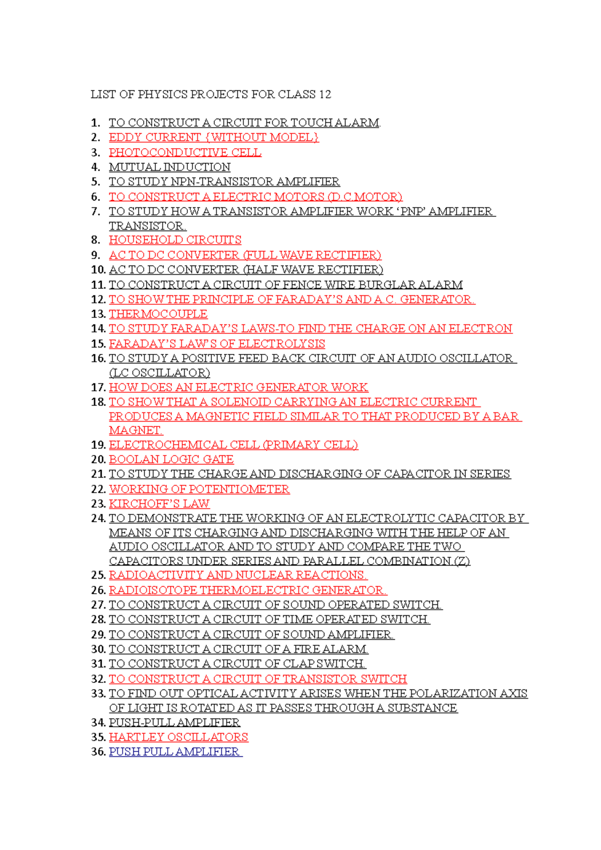 LIST OF Physics Projects FOR Class 12 - LIST OF PHYSICS PROJECTS FOR ...
