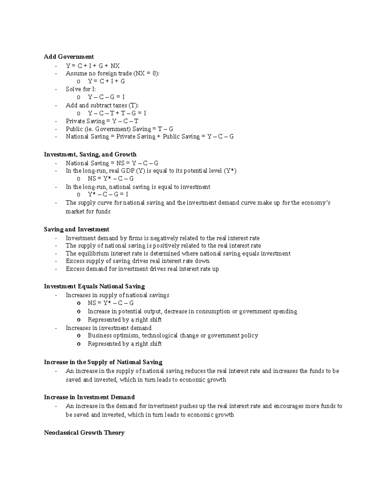 Econ final exam review notes -5 - Add Government - Y = C + I + G + NX ...