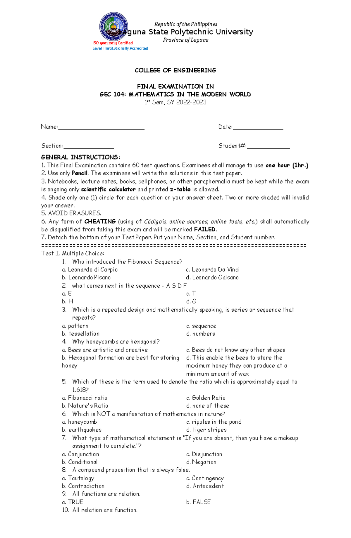 Gec Final Exam Gec Math Republic Of The Philippines Laguna State