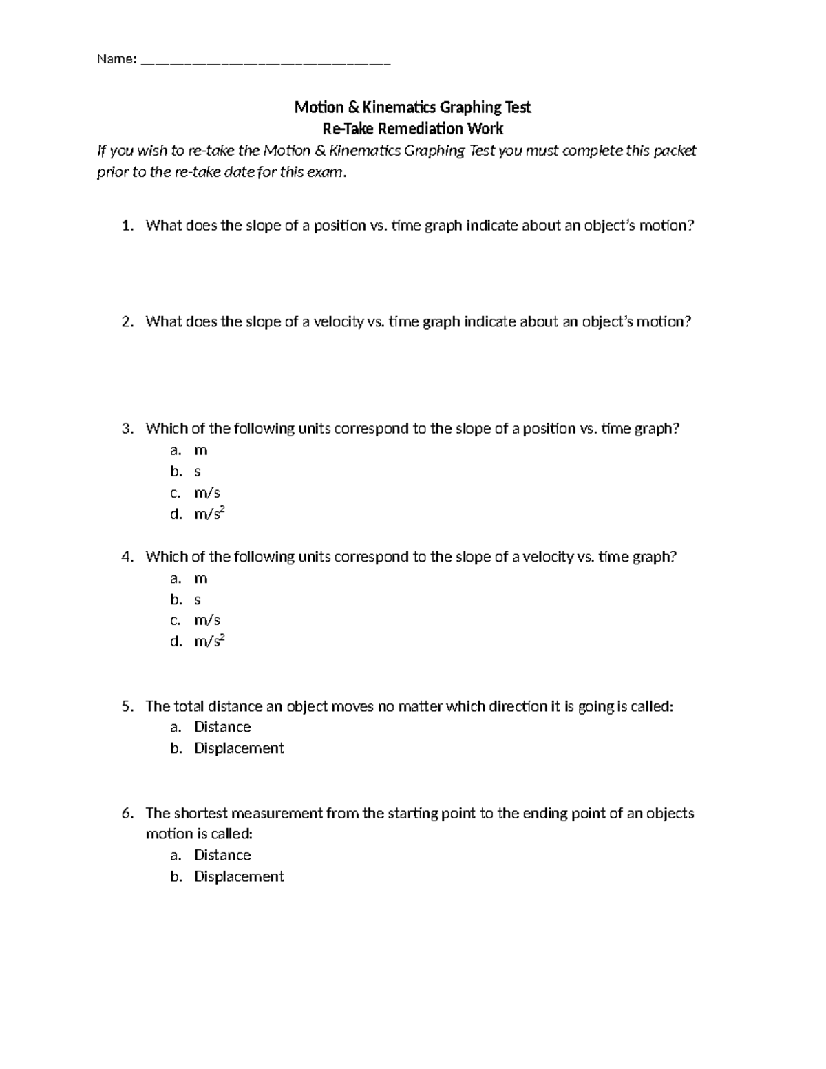 Remediation-+Motion+&+Kinematics+Graphing+Test+2024 - Name