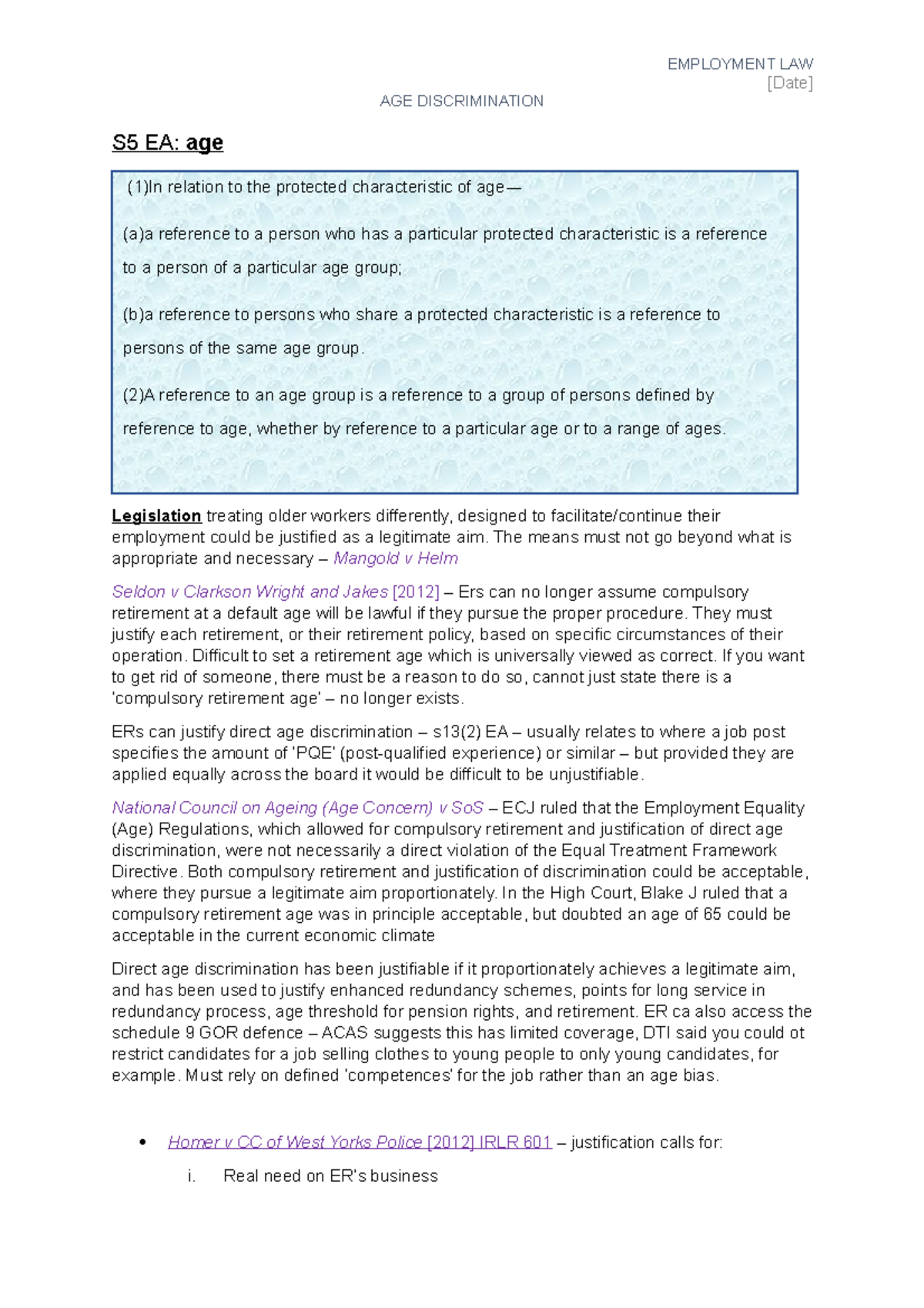 Age discrimination - Lecture notes 3 - EMPLOYMENT LAW [Date] AGE ...
