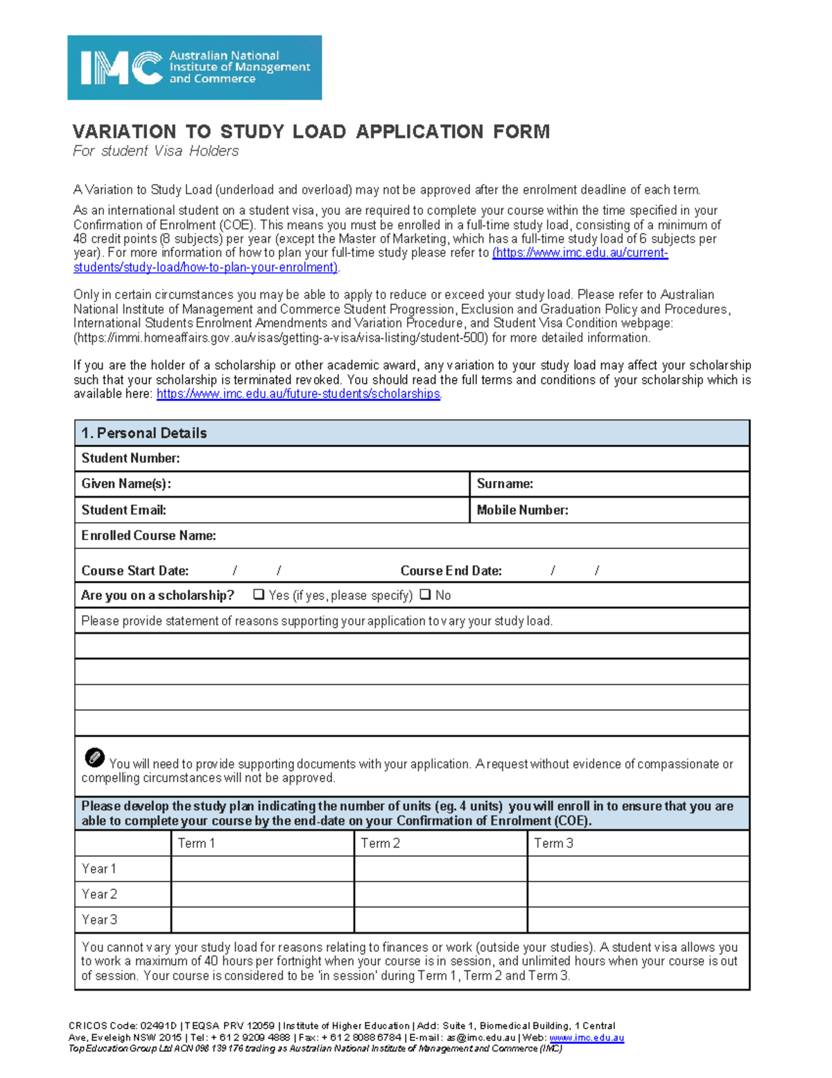 IMC Variation to Study Load Application Form 24-10-2022 - CRICOS Code ...