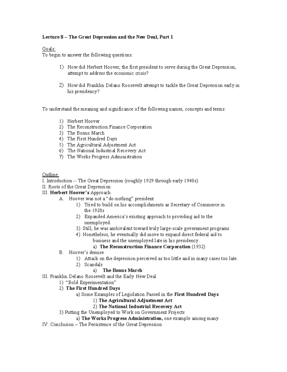 Lecture 8 Outline - Lecture 8 – The Great Depression and the New Deal ...