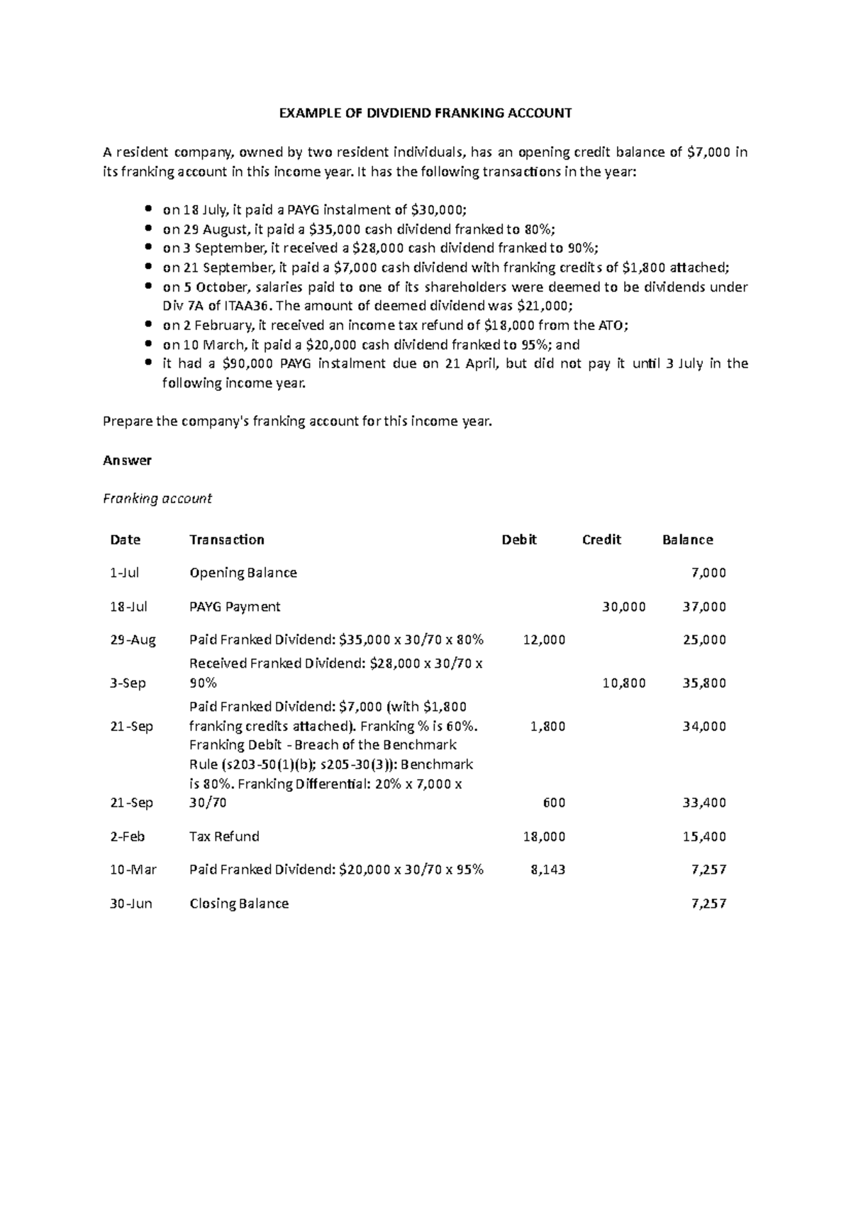 Example OF Divdiend Franking Account - EXAMPLE OF DIVDIEND FRANKING ...