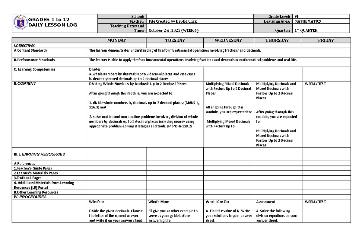 DLL Mathematics 6 Q1 W6 - Thank You - GRADES 1 to 12 DAILY LESSON LOG ...