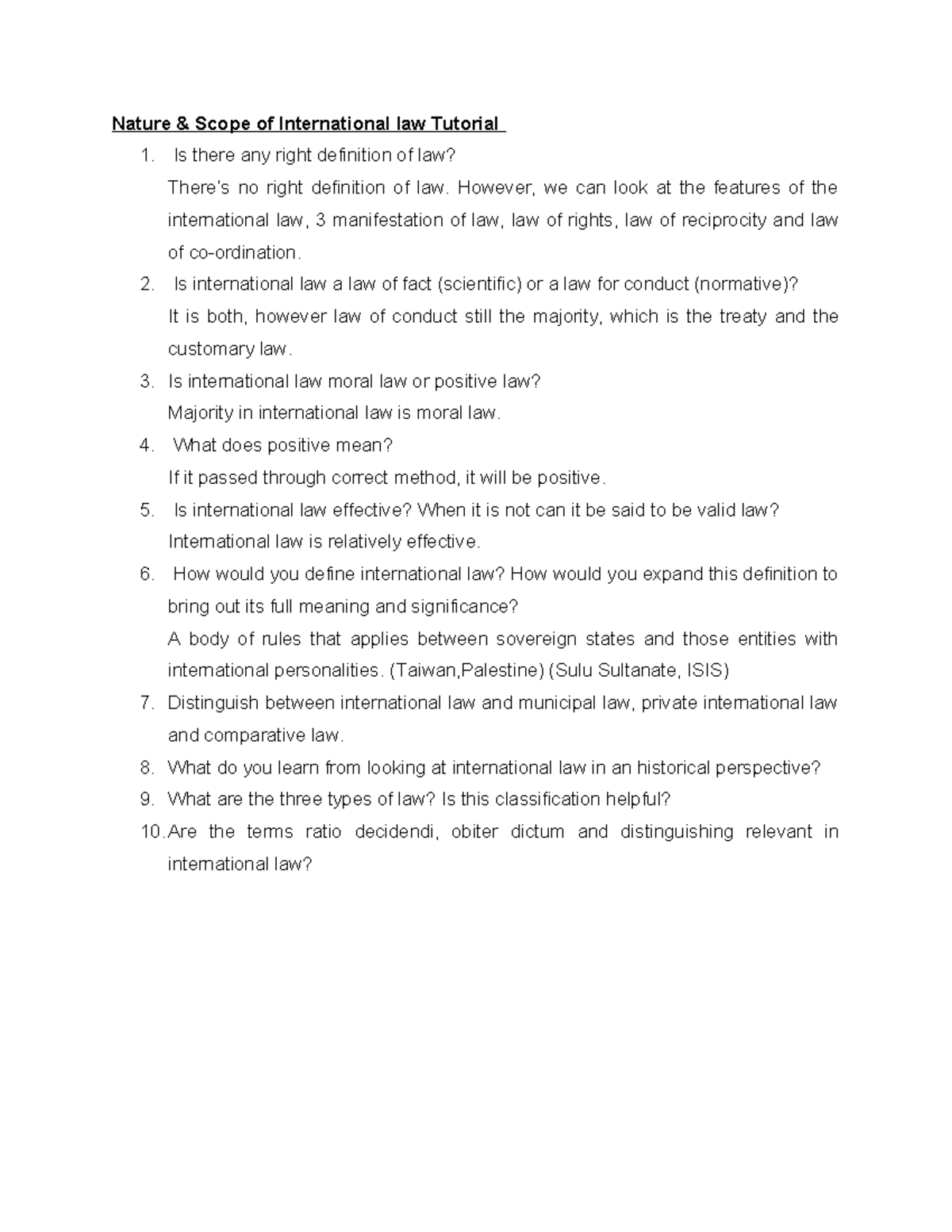 Tutorial nature and scope Q only - Nature & Scope of International law ...