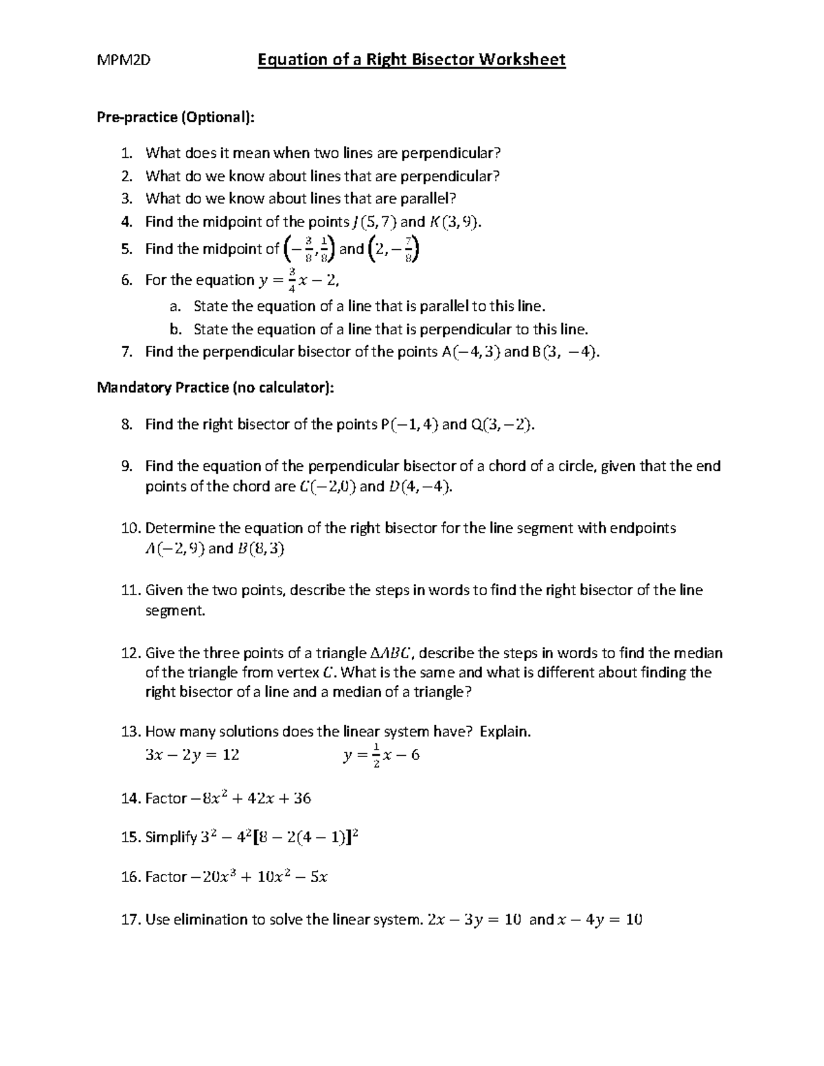 Perp Bisector worksheet - MPM2D Equation of a Right Bisector Worksheet ...