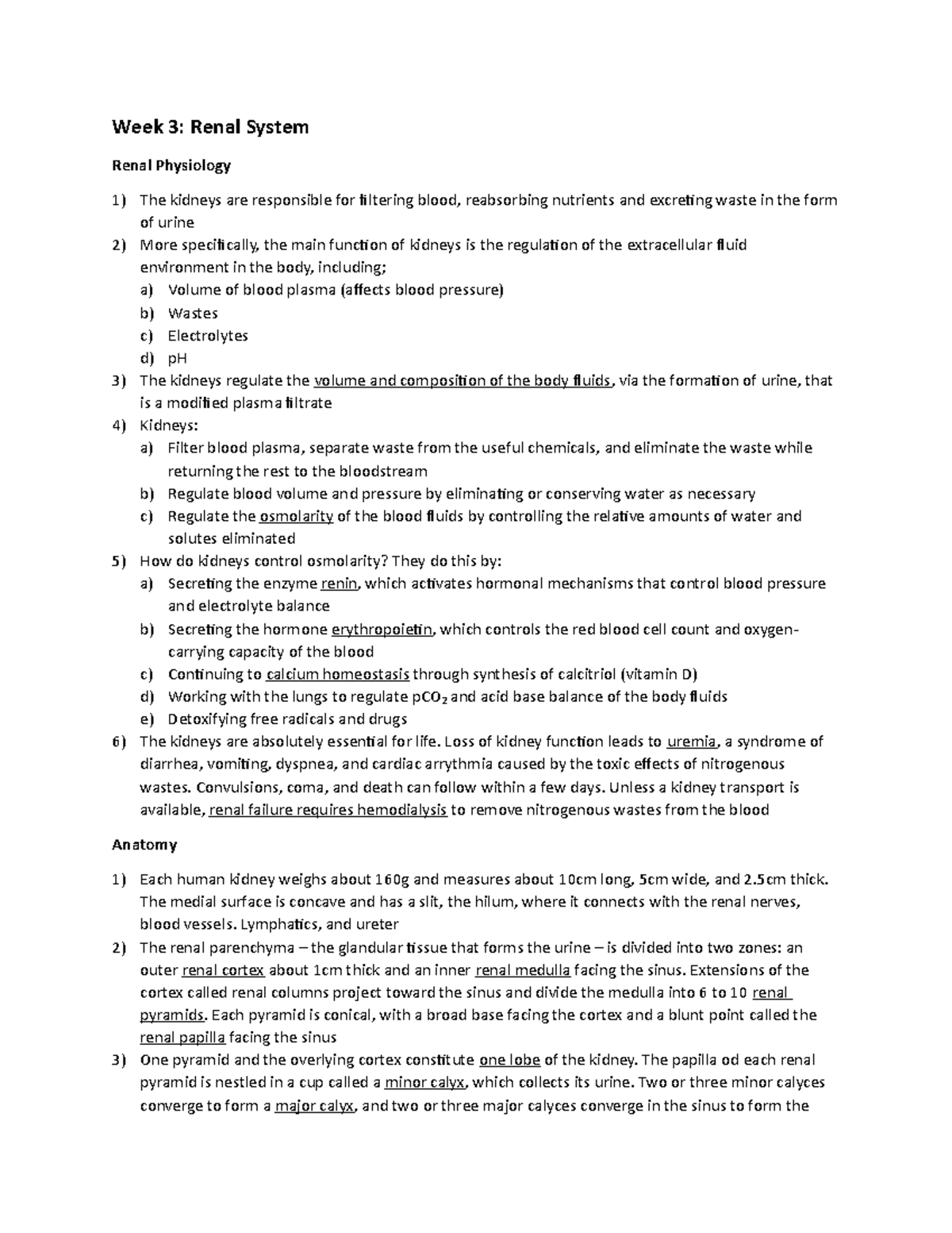 Week 3 Renal System lecture notes - Week 3: Renal System Renal ...