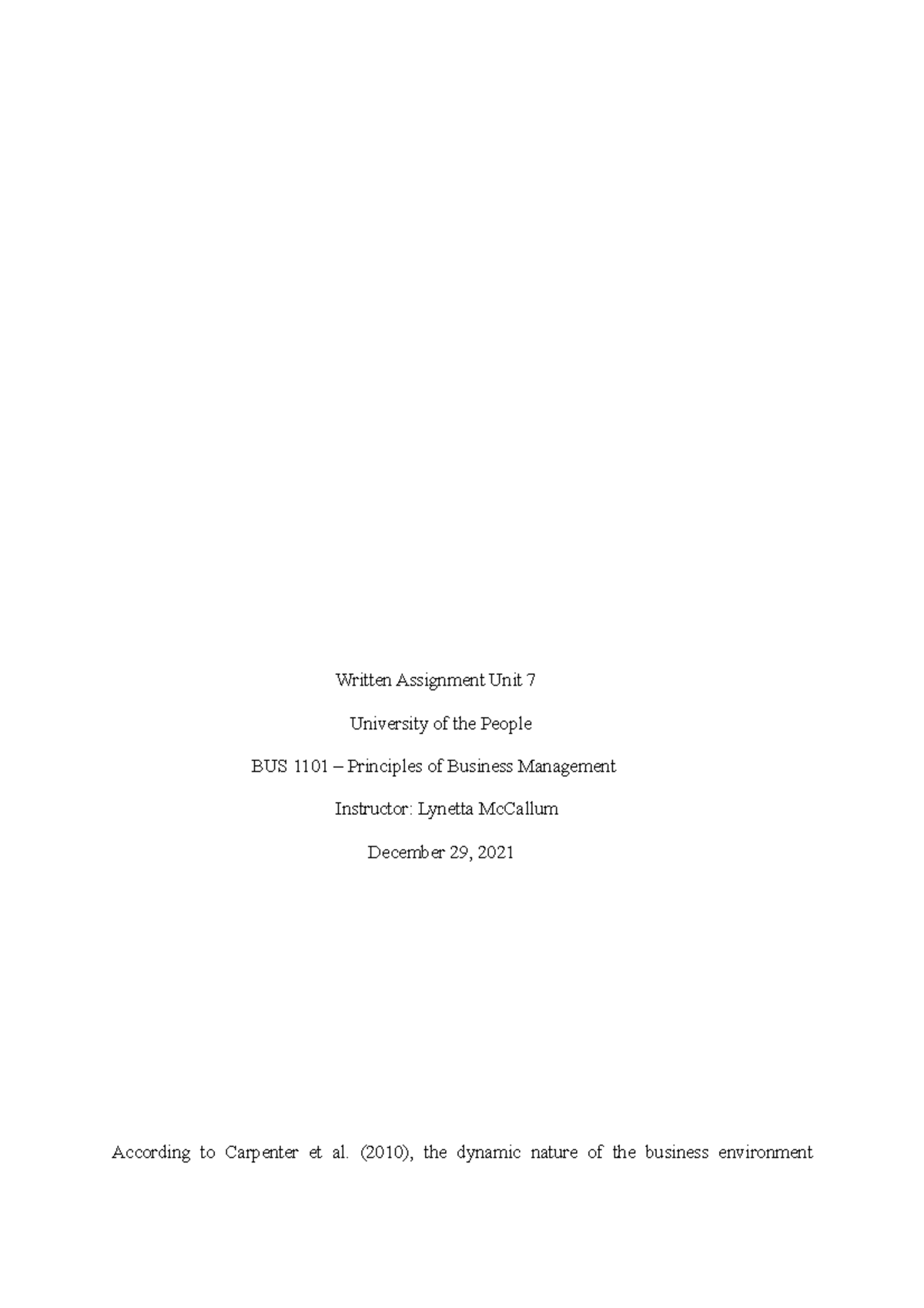 written assignment unit 7 Principles of Business Management BUS 1101 ...