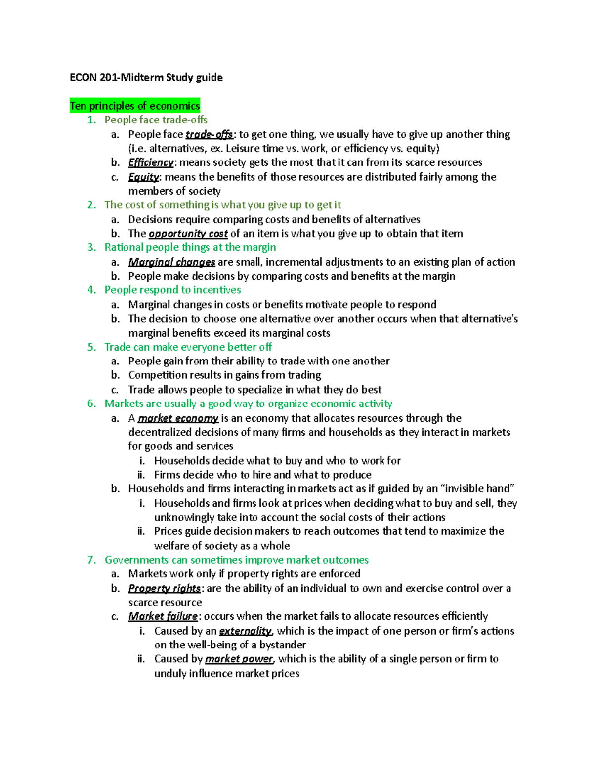 ECON 201-midterm Study Guide - ECON 201-Midterm Study Guide Ten ...