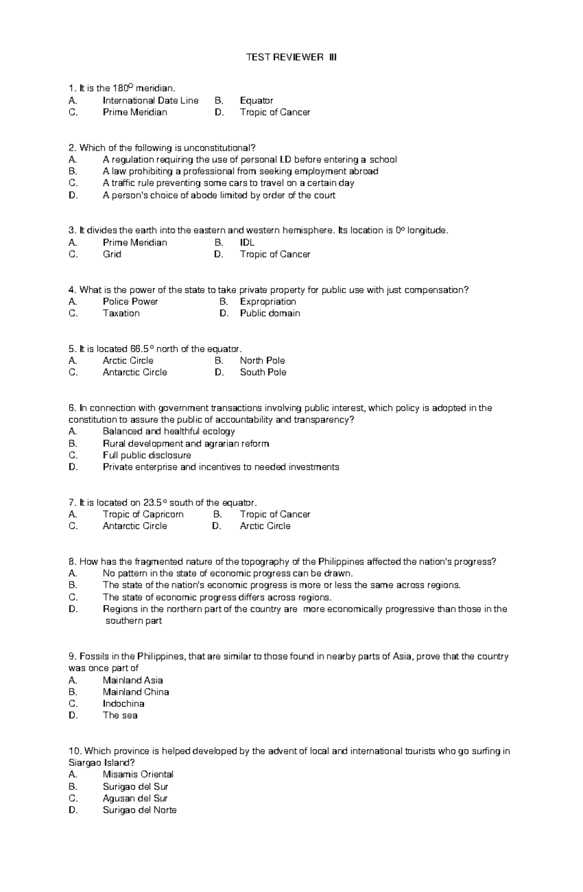 TEST- Reviewer-III - Lecture - TEST REVIEWER III It is the 180O ...