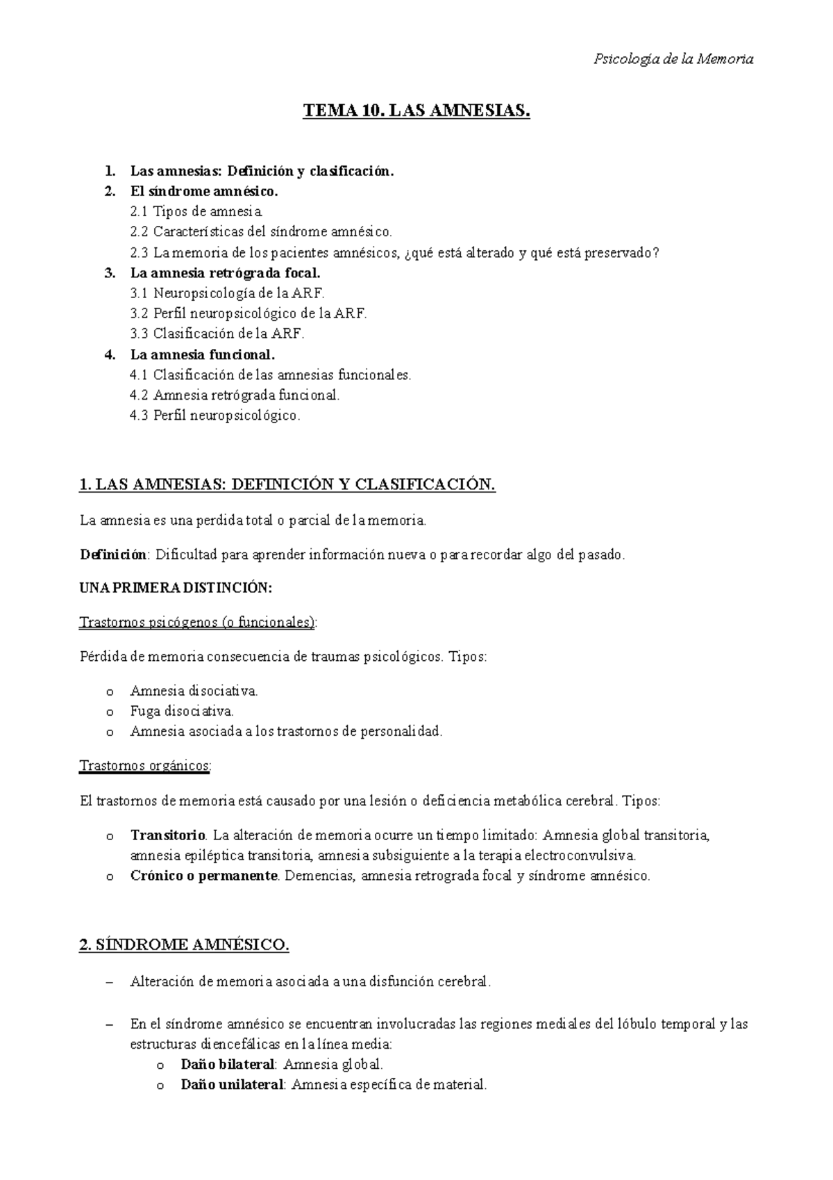 Tema 10 Memoria Psicolog a De La Memoria TEMA 10 LAS AMNESIAS 1