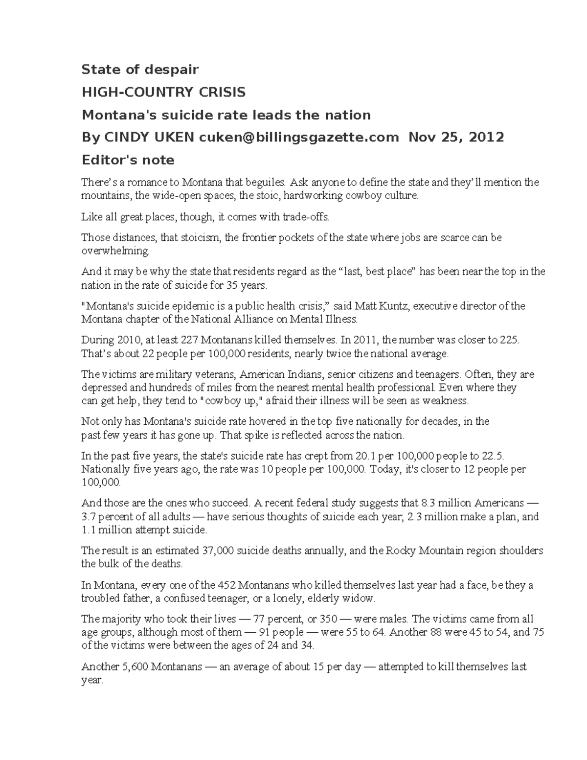Montana suicide - 1 week reading - State of despair HIGH-COUNTRY CRISIS ...