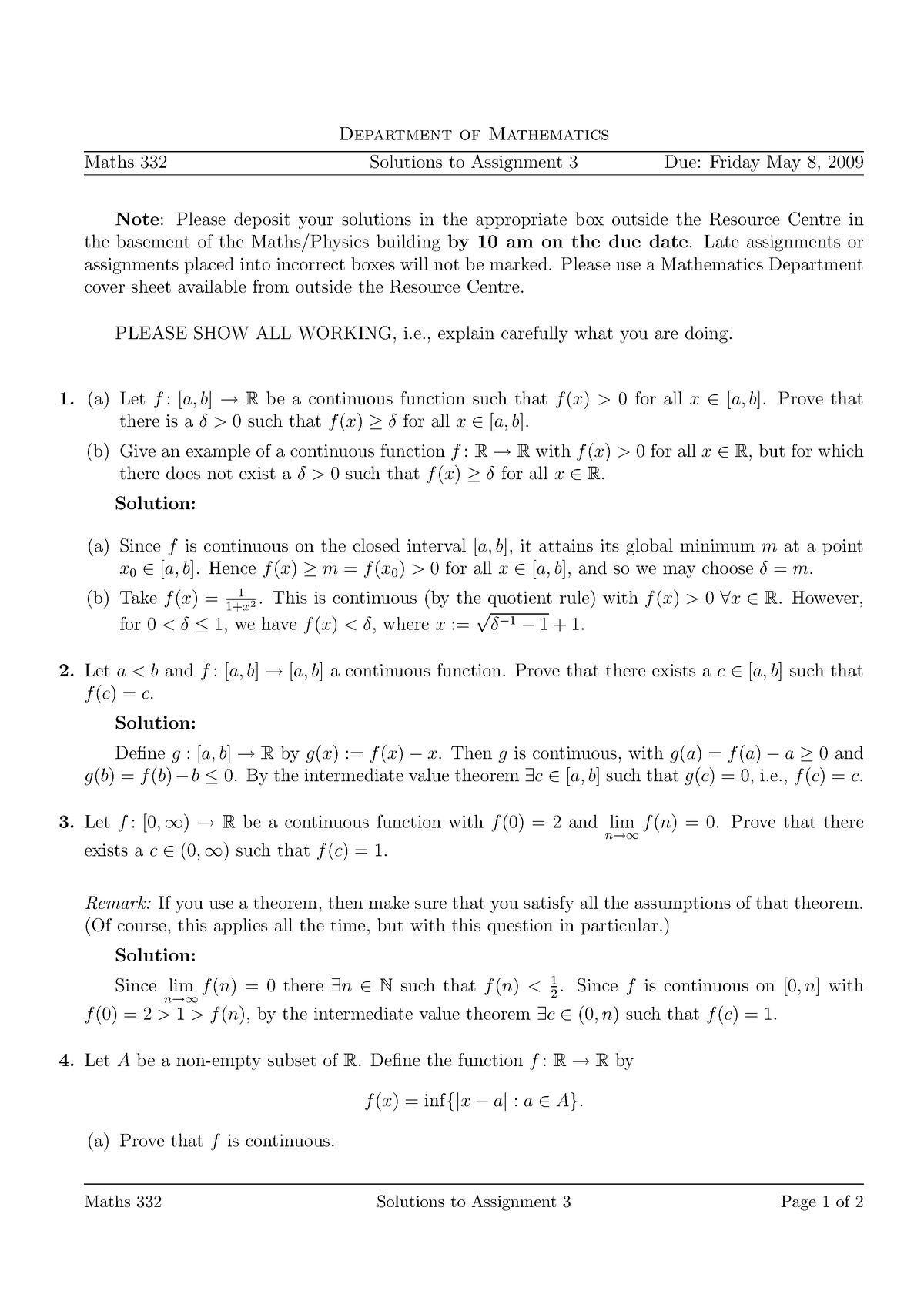 Maths332 09 Assignment 3 Solutions Department Of Mathematics Maths 332 Solutions To Assignment Due Friday May 09 Note Please Deposit Your Solutions In The Studocu
