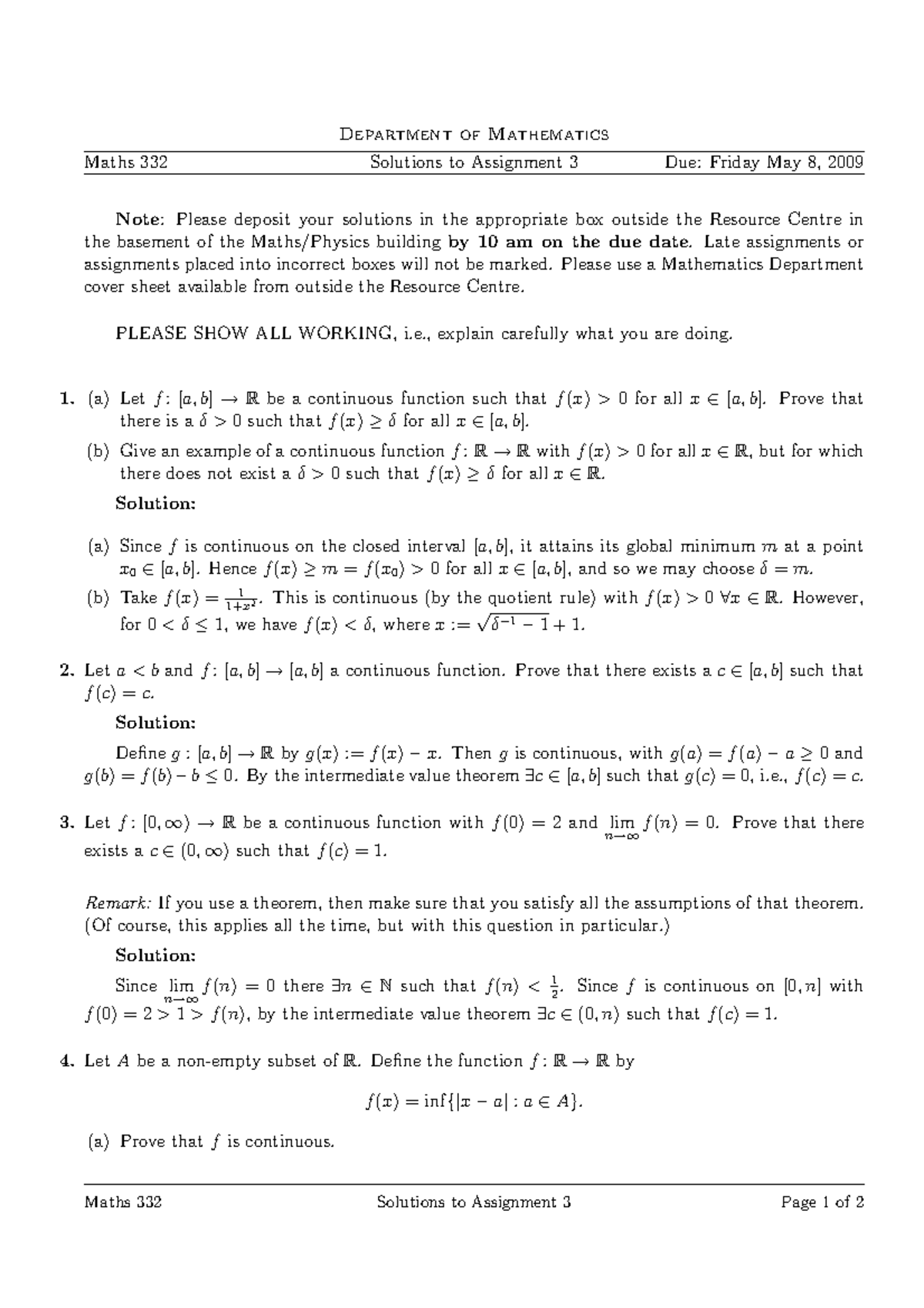 Maths332 09 Assignment 3 Solutions Department Of Mathematics Maths 332 Solutions To Assignment Due Friday May 09 Note Please Deposit Your Solutions In The Studocu