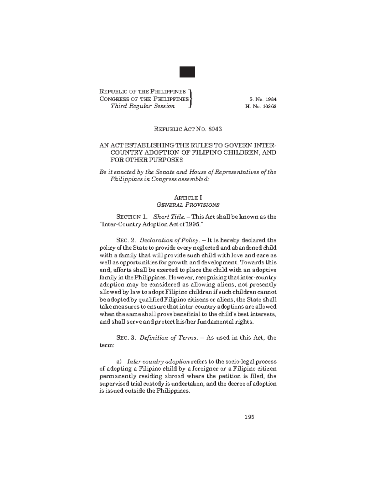 RA 8043 Inter-Country Adoption - Juris Doctor - MSU Main - Studocu
