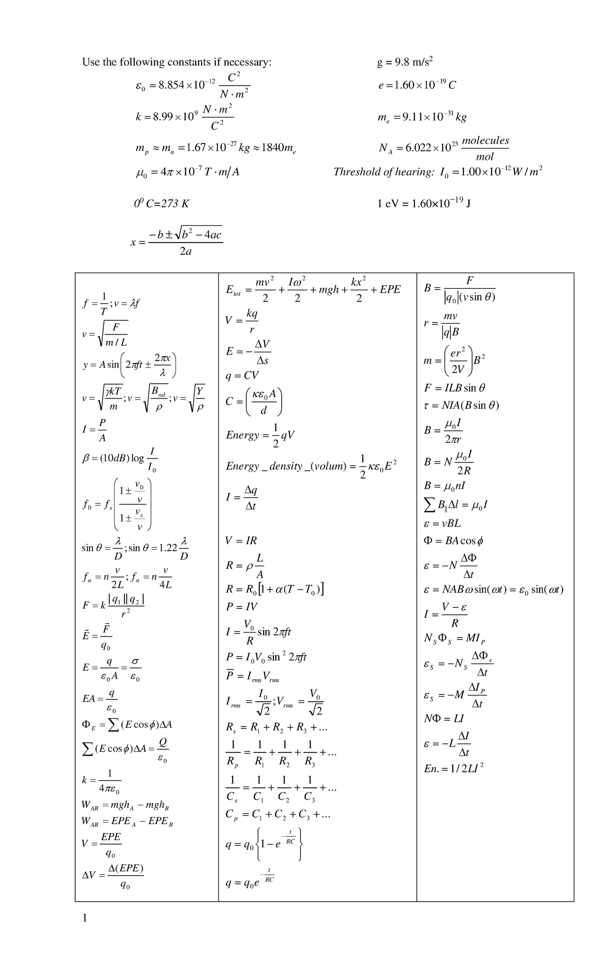 Equation sheet - 1 Use the following constants if necessary: g = 9 m/s ...