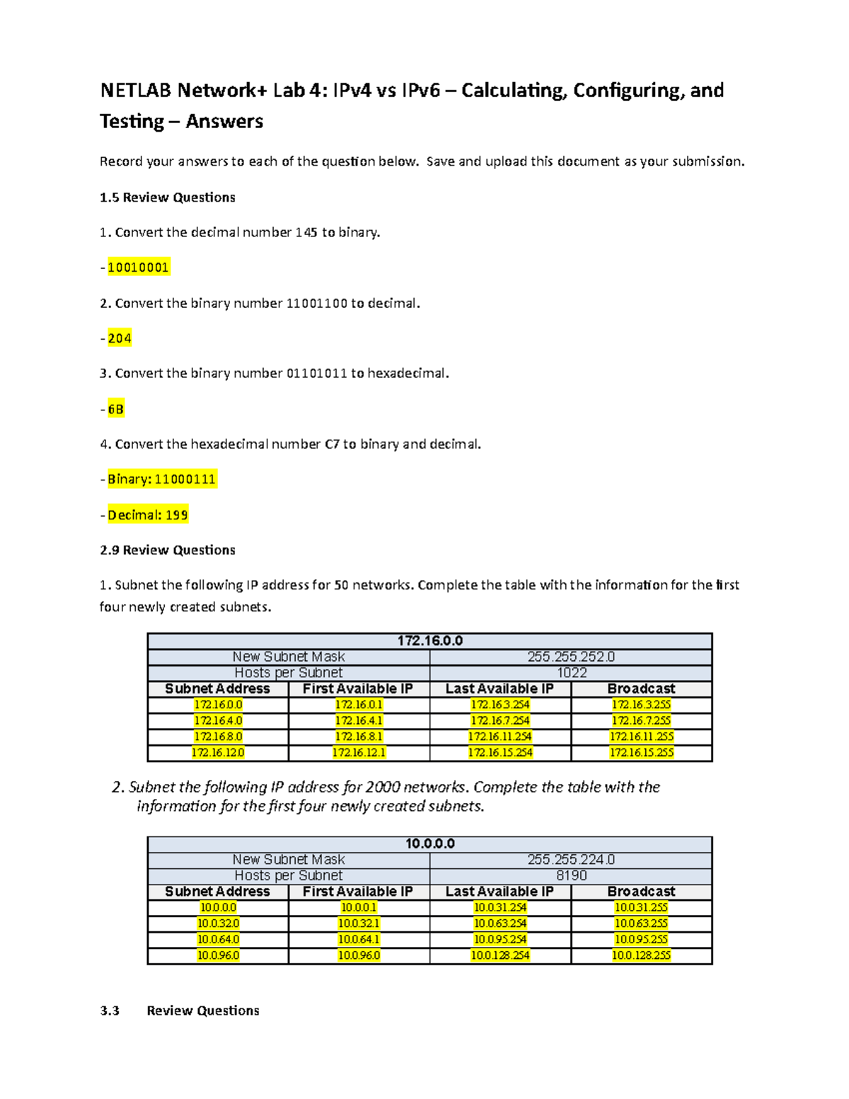 Network+ LAB 4 Answer Sheet - NETLAB Network+ Lab 4: IPv4 Vs IPv6 ...