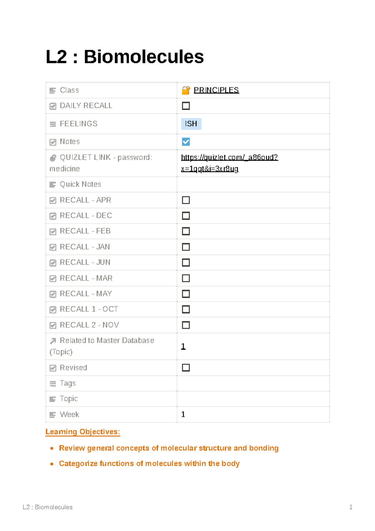 L2 Biomolecules Lecture notes 2 L2 Biomolecules Class 🔐