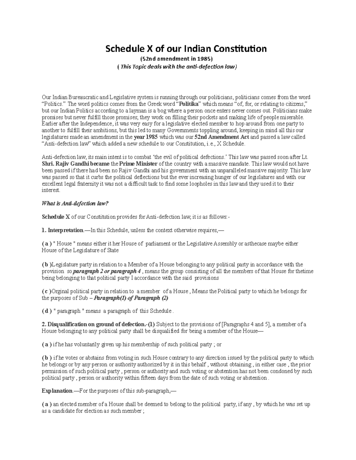 2 - 5 - X schedule - OF INDIA - Schedule X of our Indian Constitution ...