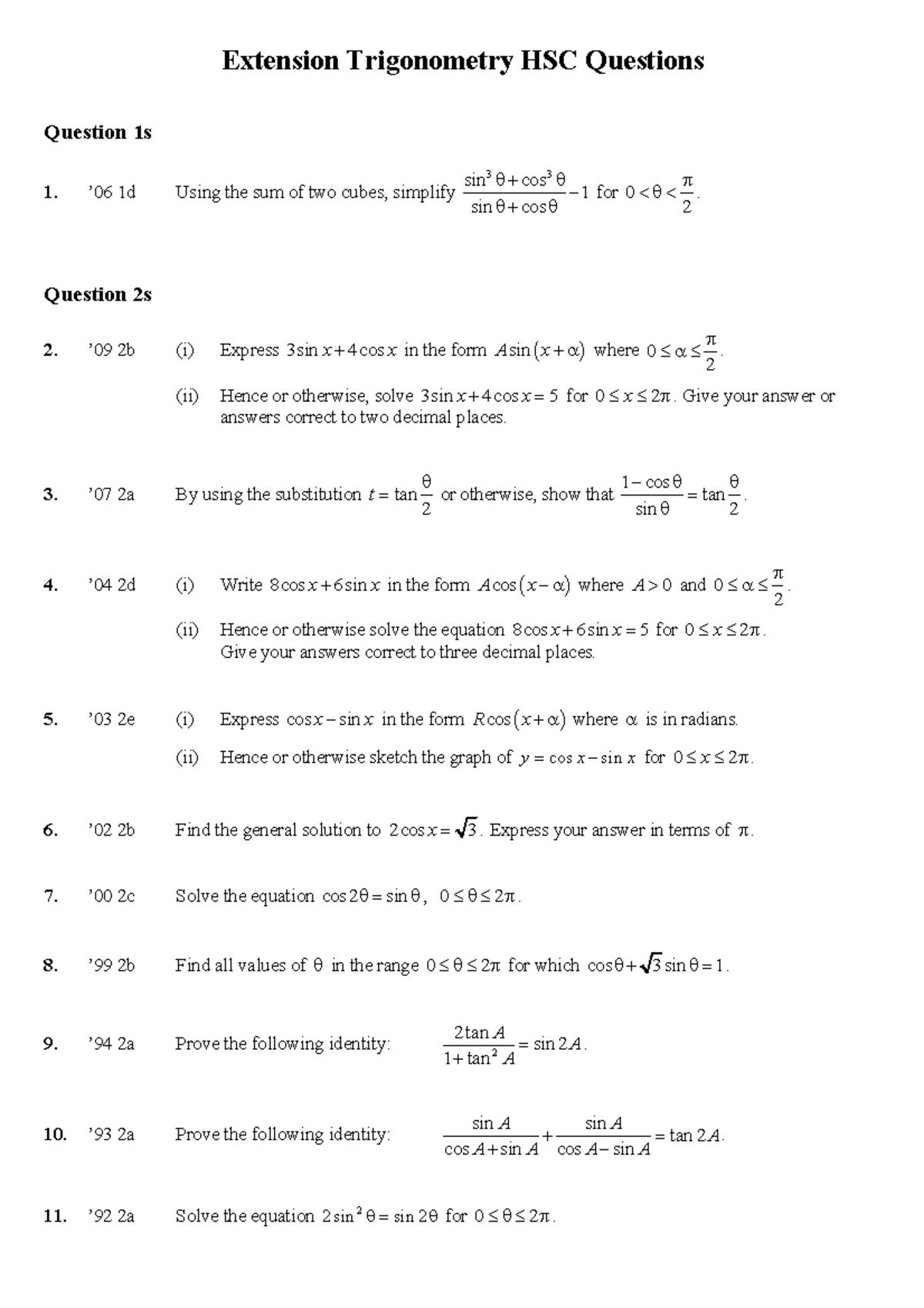 extension 1 trigonometry practice questions - Extension Trigonometry ...