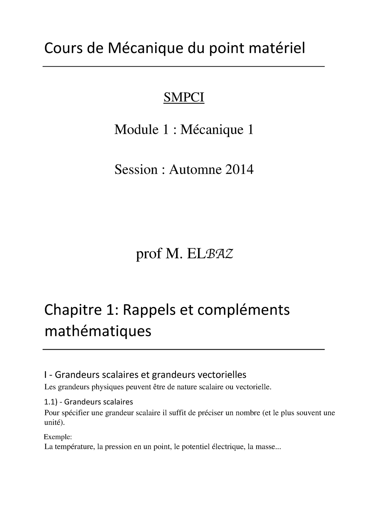 Cour Mécanique 1 Cours De Mécanique Du Point Matériel Smpci Module 1 Mécanique 1 Session 6373