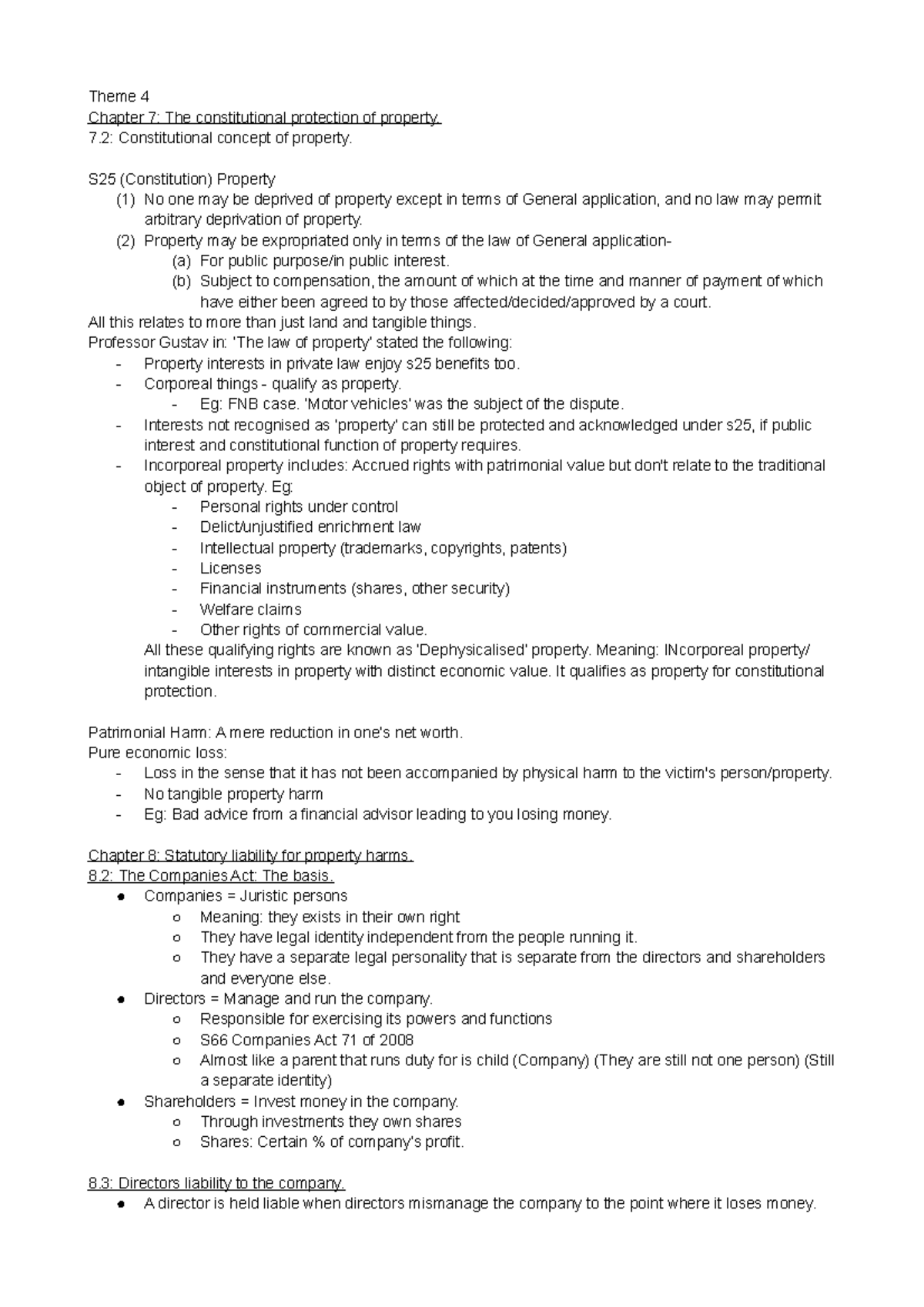 Delict exam notes - Theme 4 Chapter 7: The constitutional protection of ...