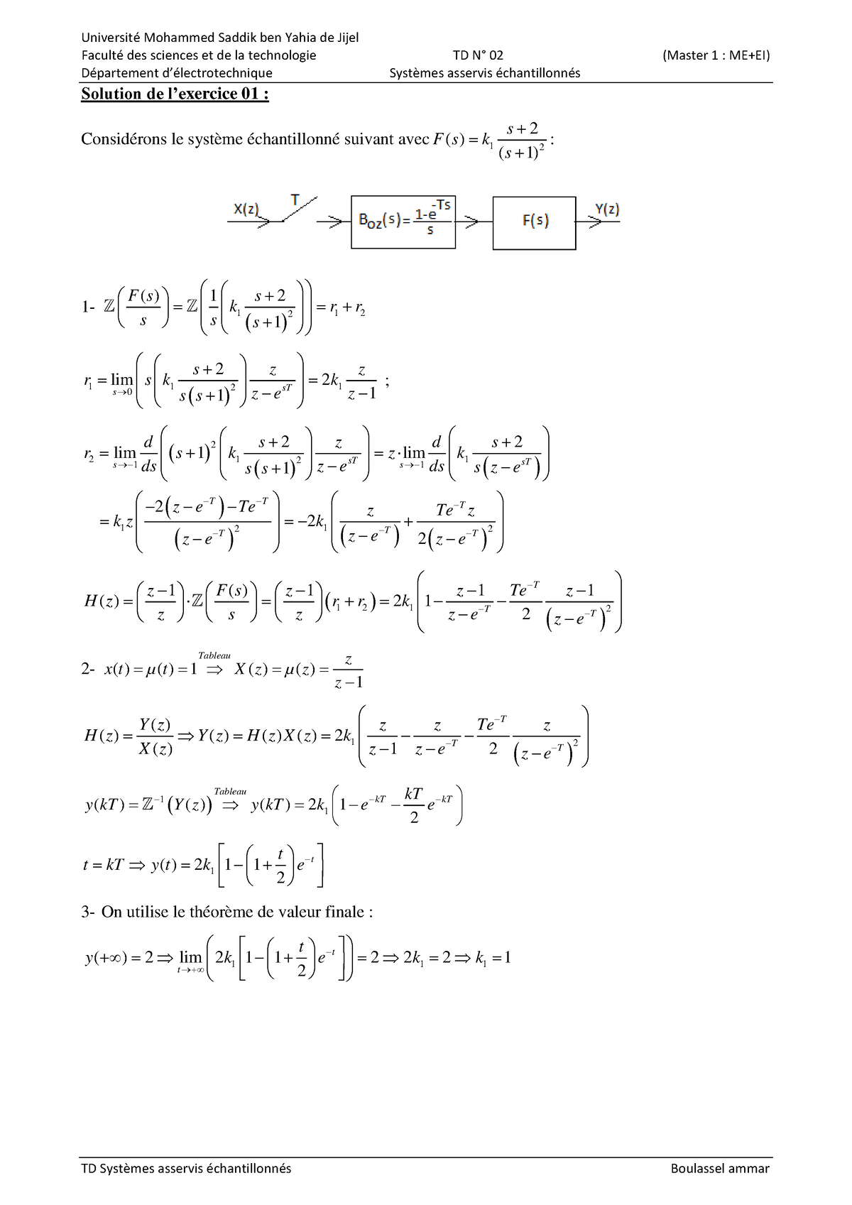 Td Travaux Dirig S Syst Mes Asservis Chantillonn S Solution Facult Des Sciences Et De La