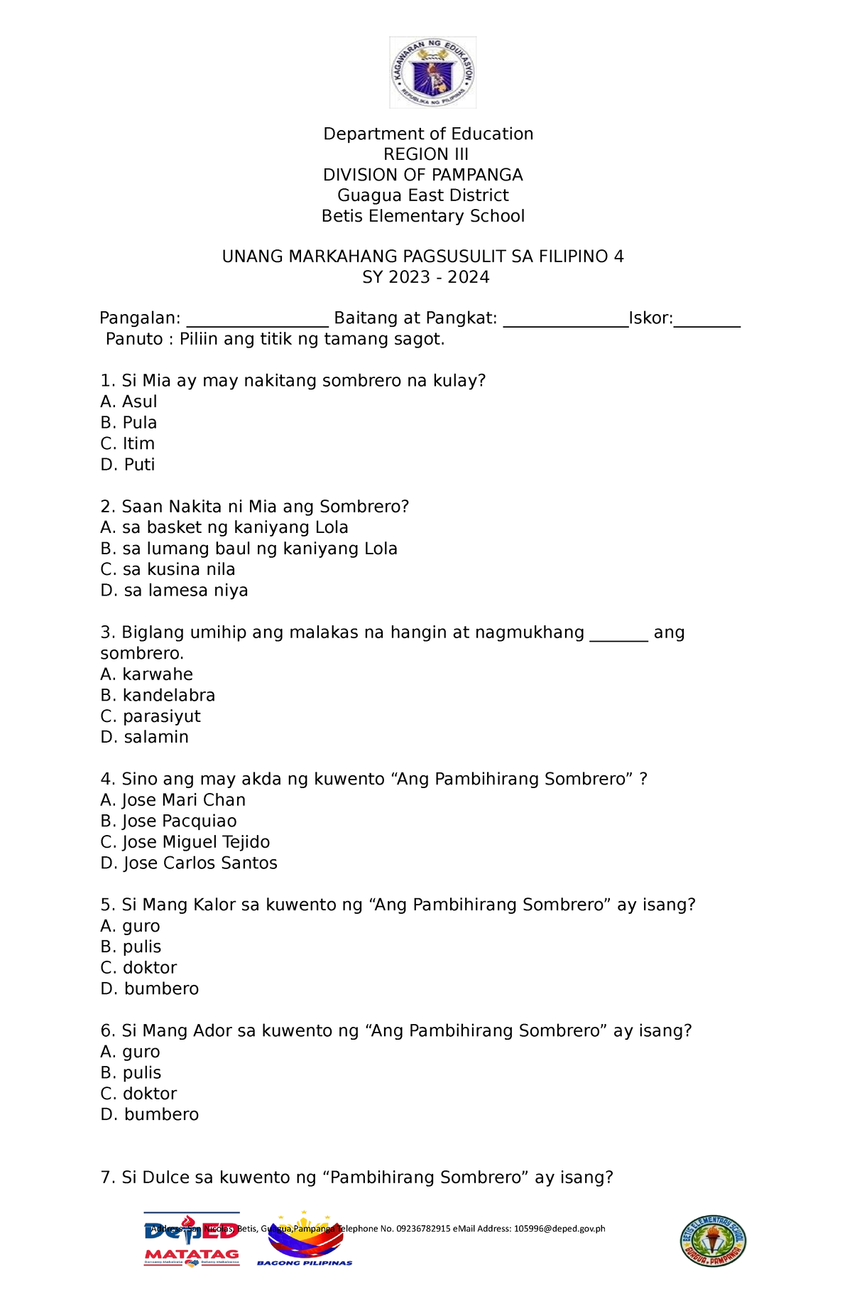 Filipino 4 Sample Test Paper Department Of Education Region Iii Division Of Pampanga Guagua 4910