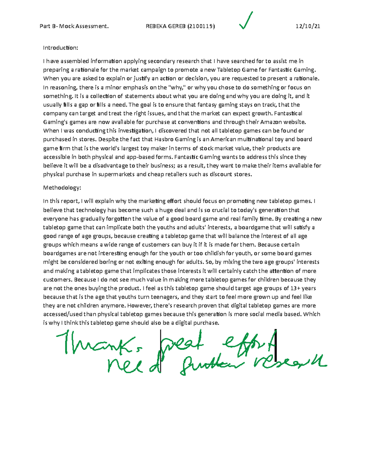 Mockassesmentunit1marketing aims and objectives of fantastical