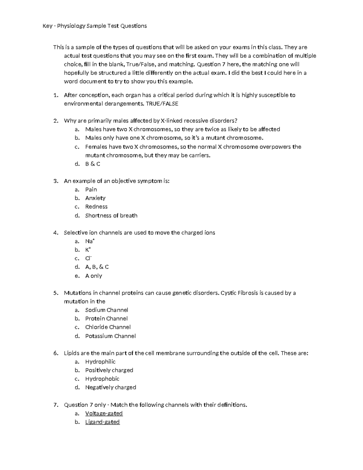 Student Copy Sample questions Exam I Physiology Key Physiology