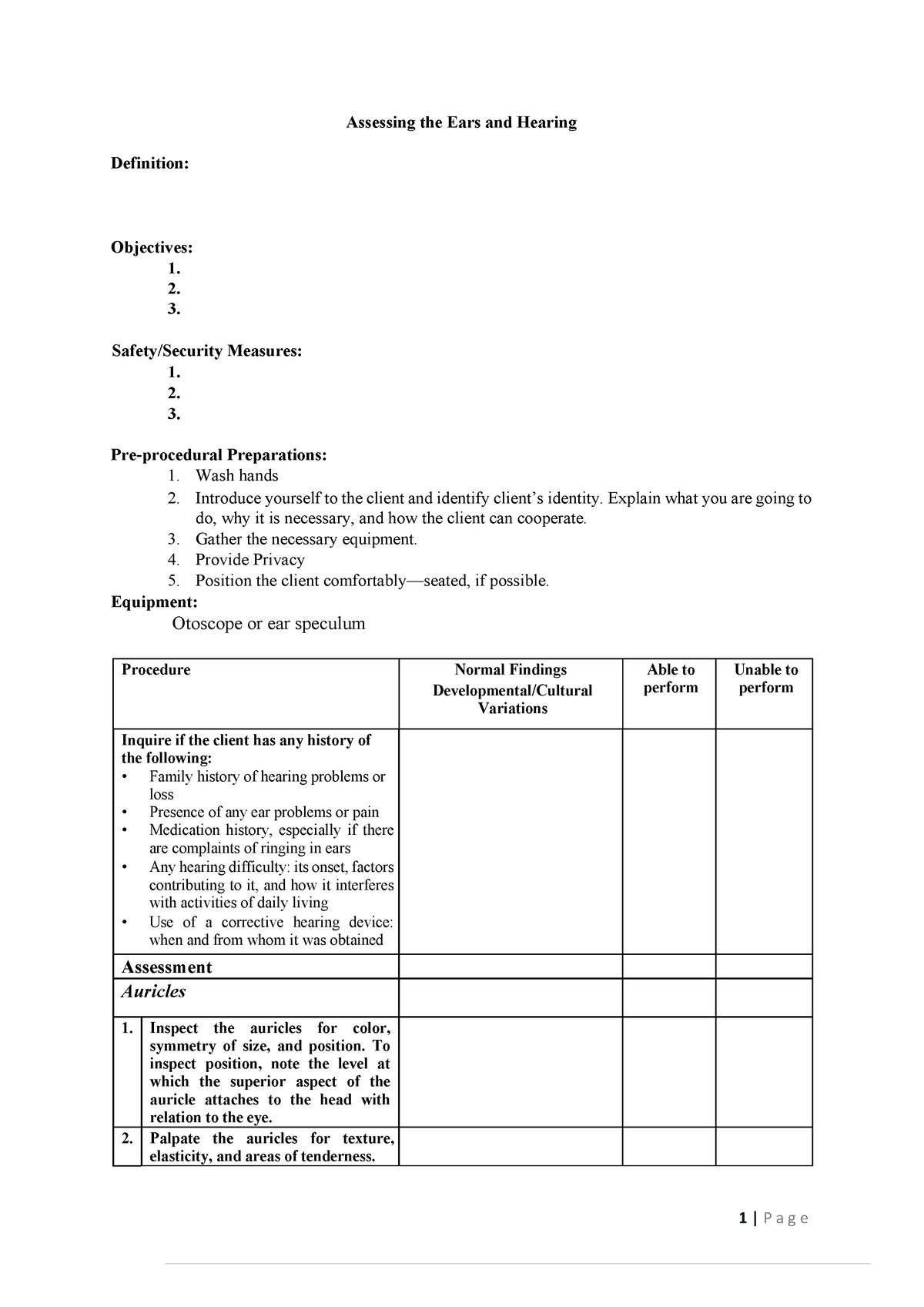 Assessing the Ears and Hearing Checklist - 1 | P a g e Assessing the ...