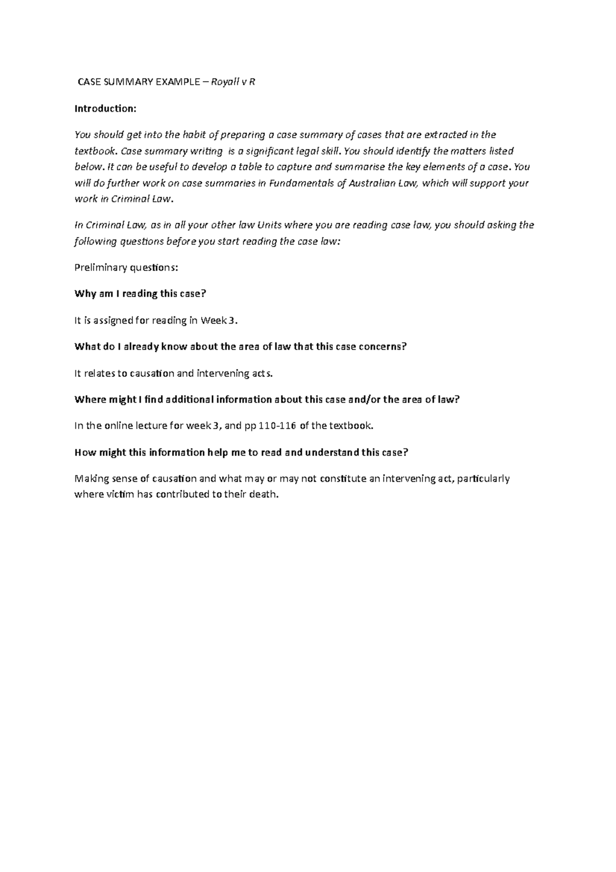 Case summary guide and template Criminal Law Royall v R CASE SUMMARY