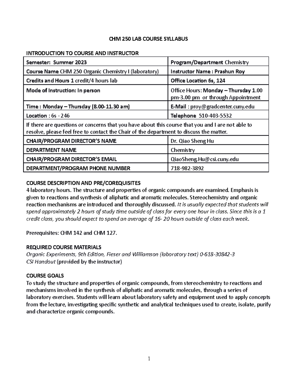 CHM 250 Summer 2023 Syllabus - CHM 250 LAB COURSE SYLLABUS INTRODUCTION ...