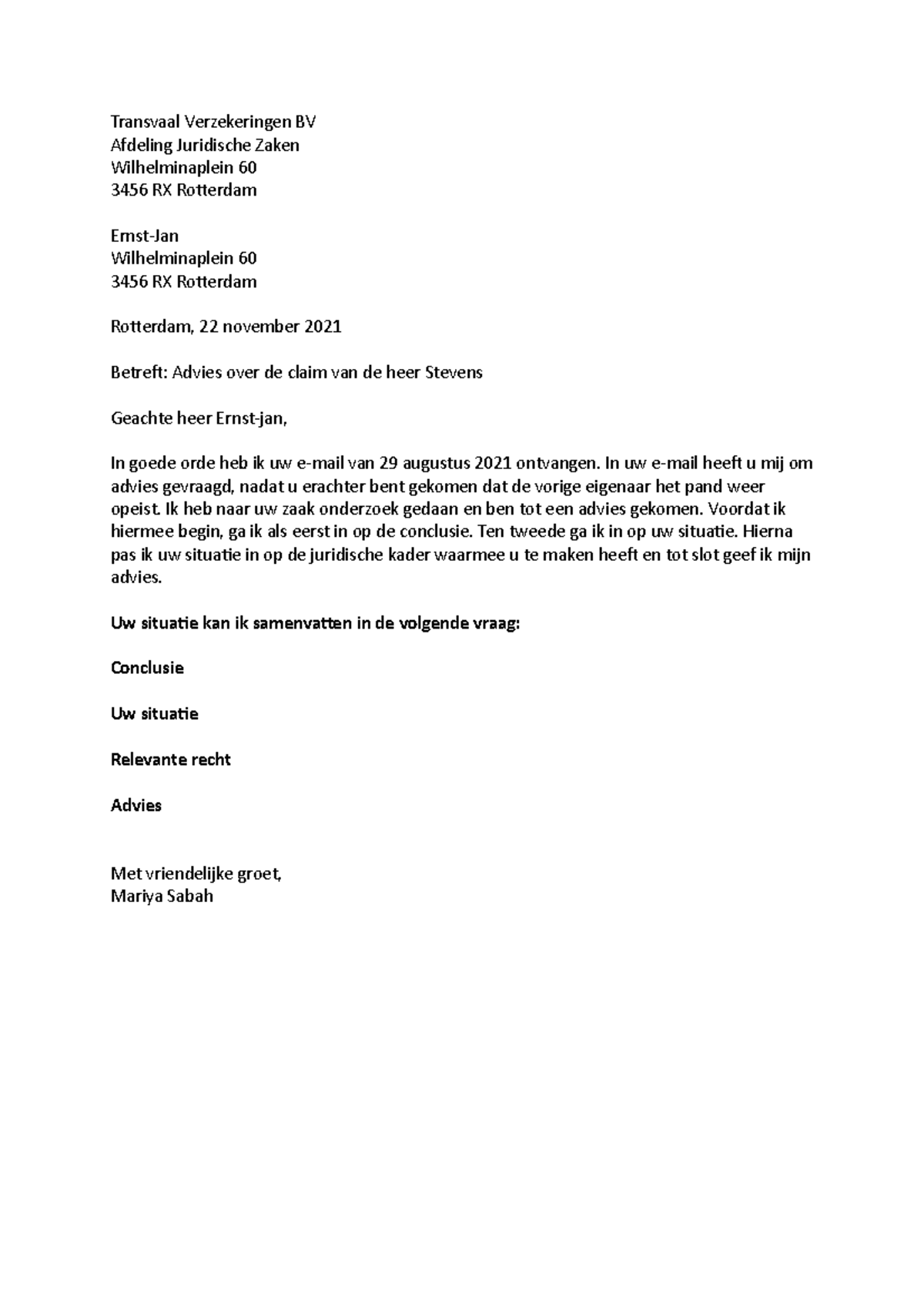 Klantbrief structuur Transvaal Verzekeringen BV Afdeling Juridische