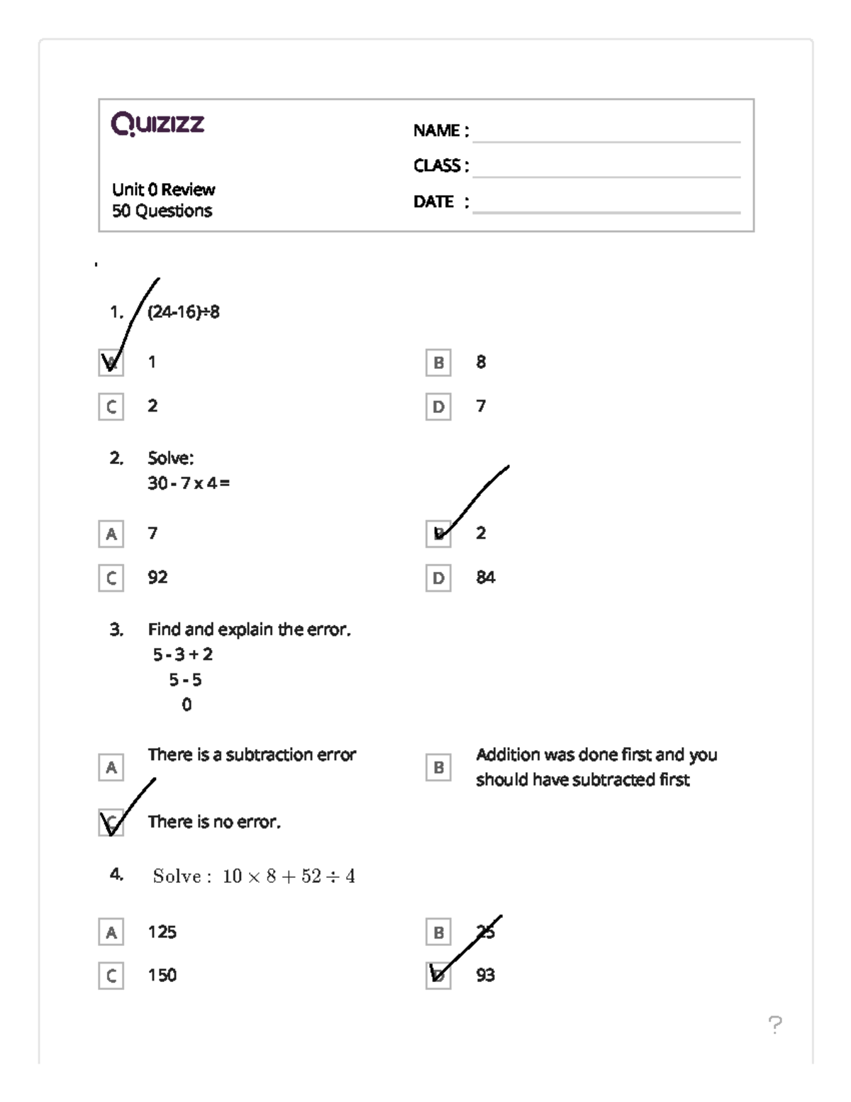 Kami Export - Unit 0 Test Review (1) - Unit 0 Review 50 Questions NAME ...