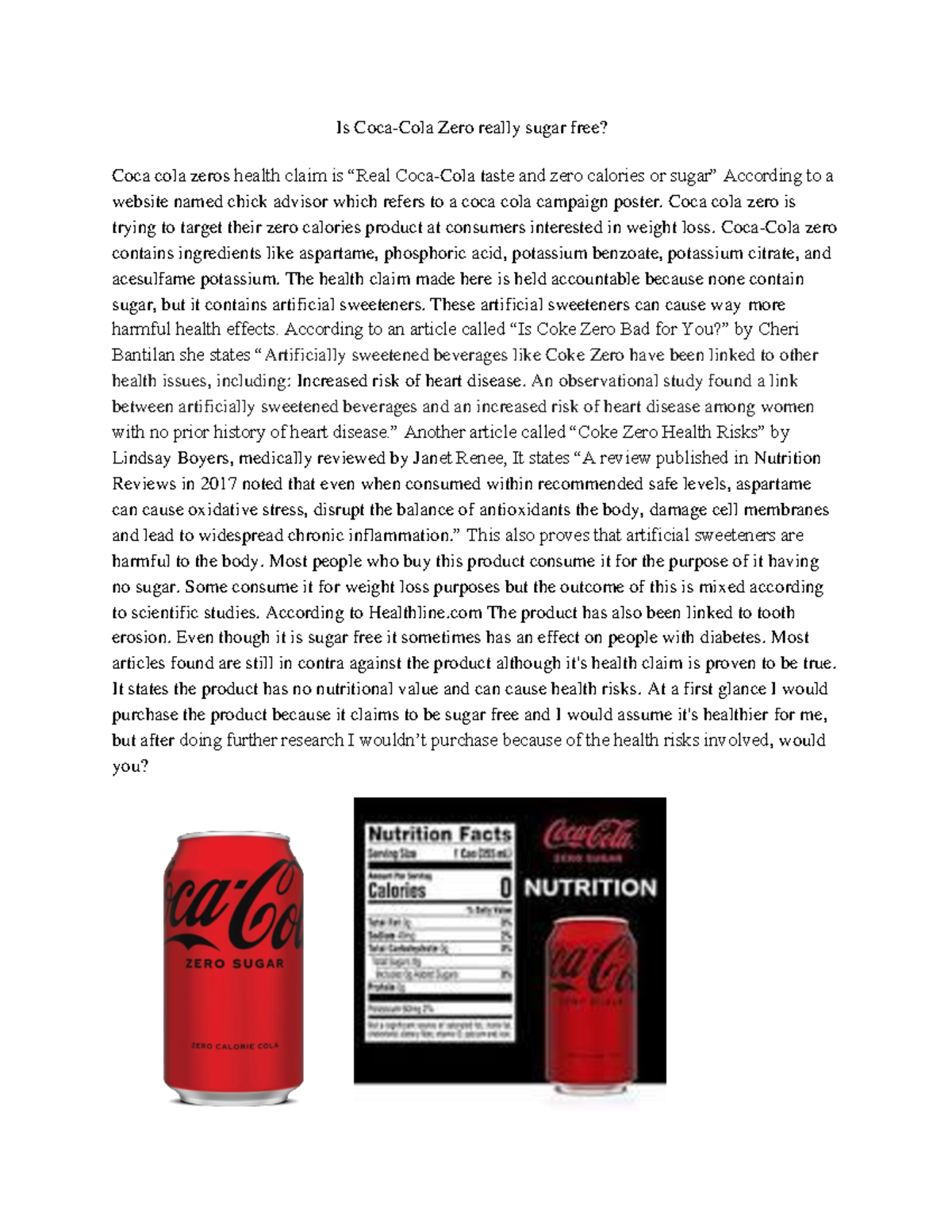 Myth Buster final draft - Is Coca-Cola Zero really sugar free? Coca ...