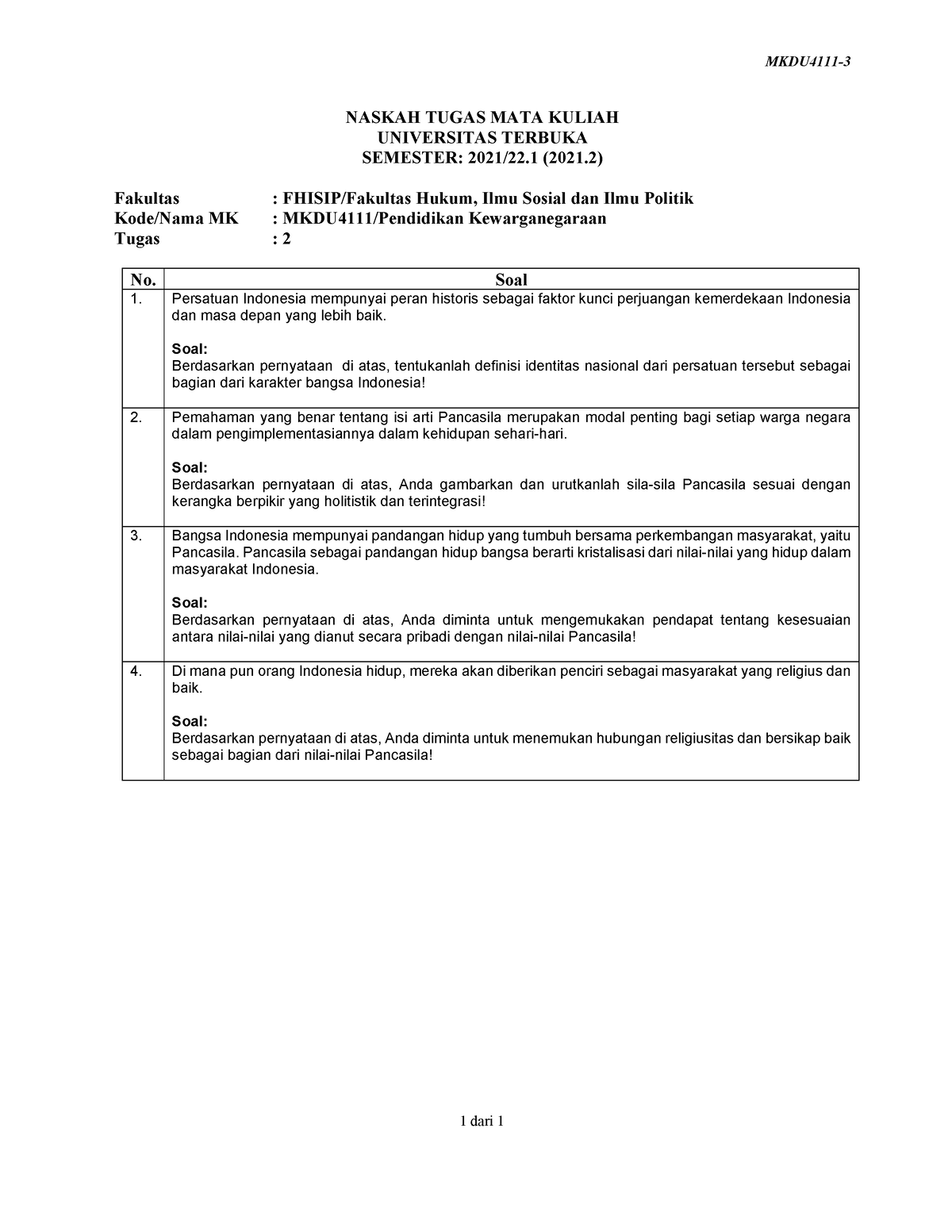 Soal Mkdu4111 Tmk2 3 - Soal - MKDU4111- 1 Dari 1 NASKAH TUGAS MATA ...
