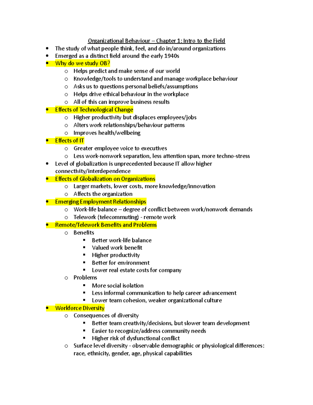 MGMT1500-CH 1 Notes - Intro To Organizational Behaviour - Organizaional ...