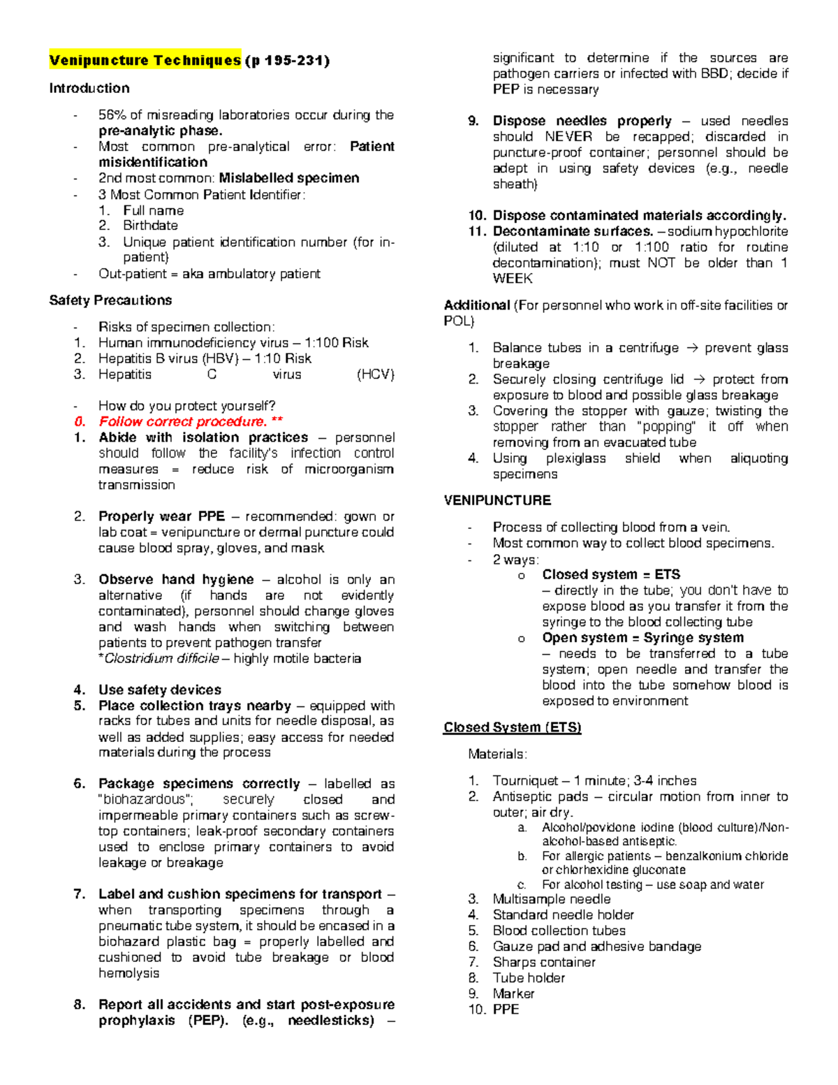 PMLPS LAB - Venipuncture - Venipuncture Techniques (p 195-231 ...