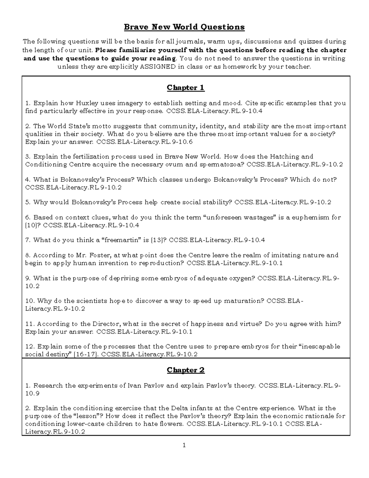 Brave new world questions Brave New World Questions The following