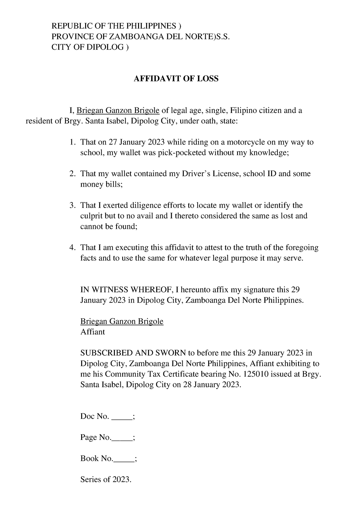 Affidavit Of Loss Birth Republic Of The Philippines Province Of