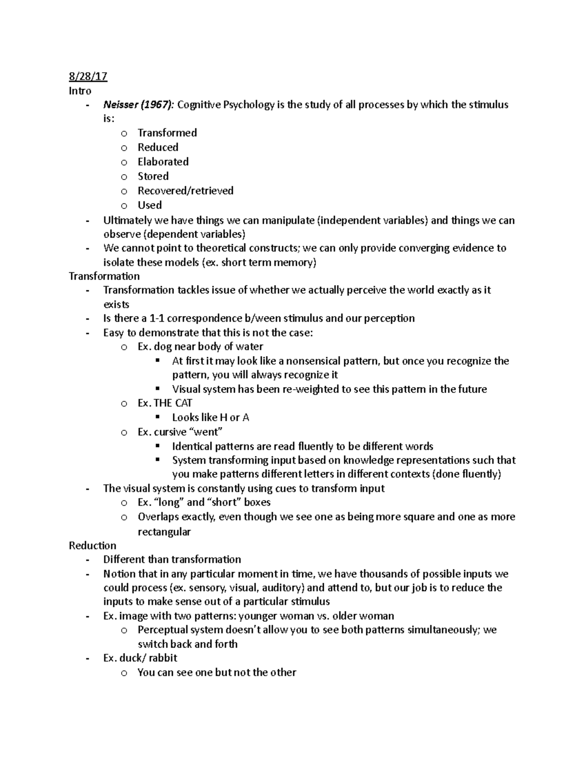 Exam 1 Material - Lecture Notes - 8/28/17 Intro - Neisser (1967 ...