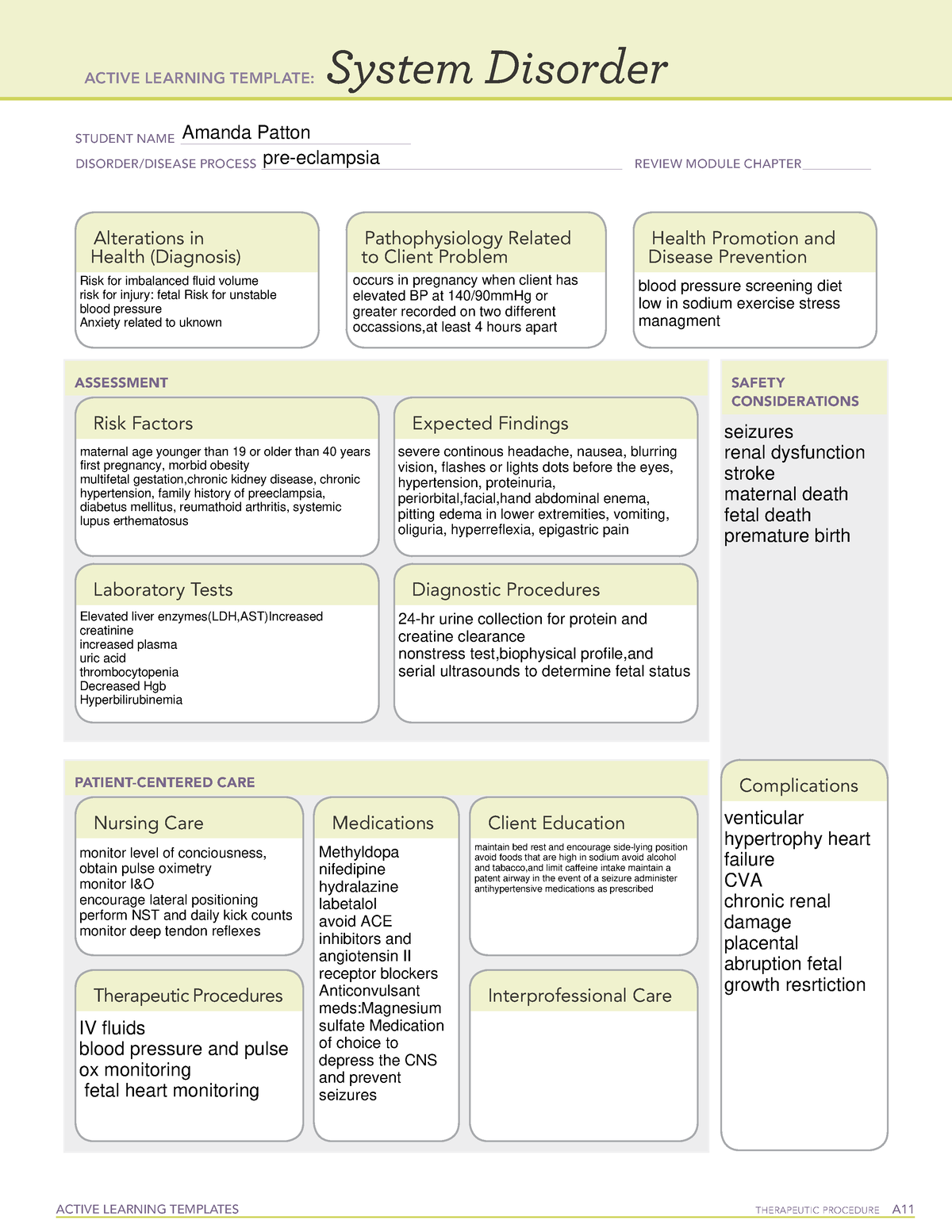 System disorder preeclampsia ACTIVE LEARNING TEMPLATES TherapeuTic