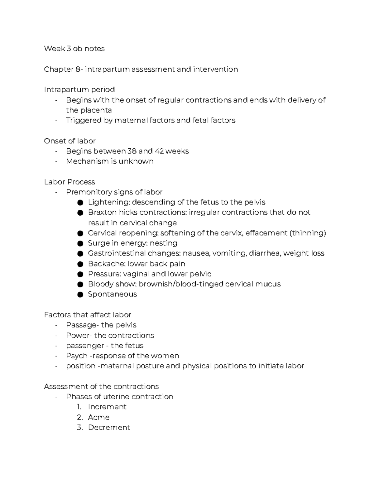 Week 3 ob notes - Prof Sharma - Week 3 ob notes Chapter 8- intrapartum ...