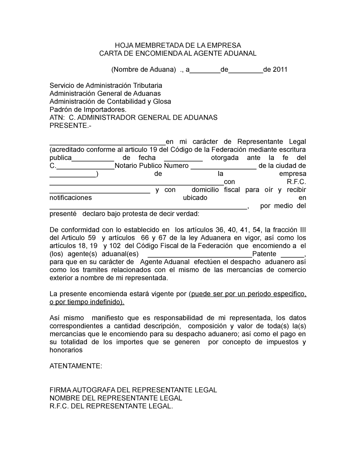 Carta Encomienda Hoja Membretada De La Empresa Carta De Encomienda Al Agente Aduanal Nombre 5974